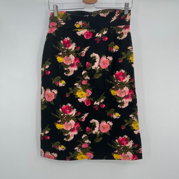 Trashy Diva High Waisted Straight Skirt Sz 8 Black Floral Print Midi Retro - Picture 2 of 5